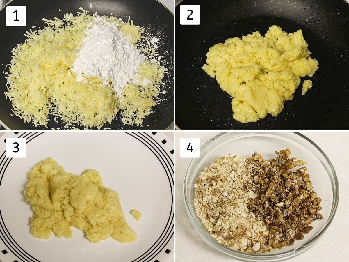 collage of 4 steps. Shows adding, cooking khoya and sugar, removed to a plate and making stuffing