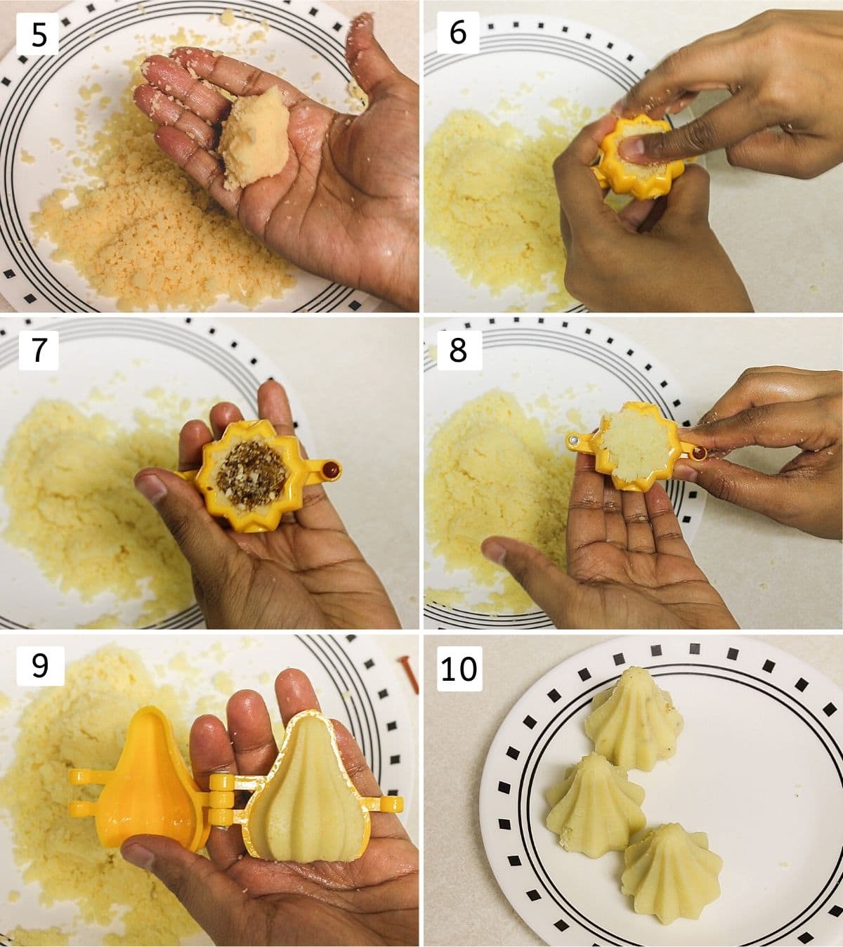 collage of 6 steps of shaping modak. Shows making small ball, adding to mould, stuffing, sealing, opening and placing on plate