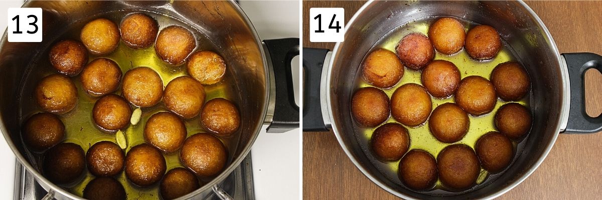 Collage of 2 steps showing added fried jamuns into syrup and soaked after few hours