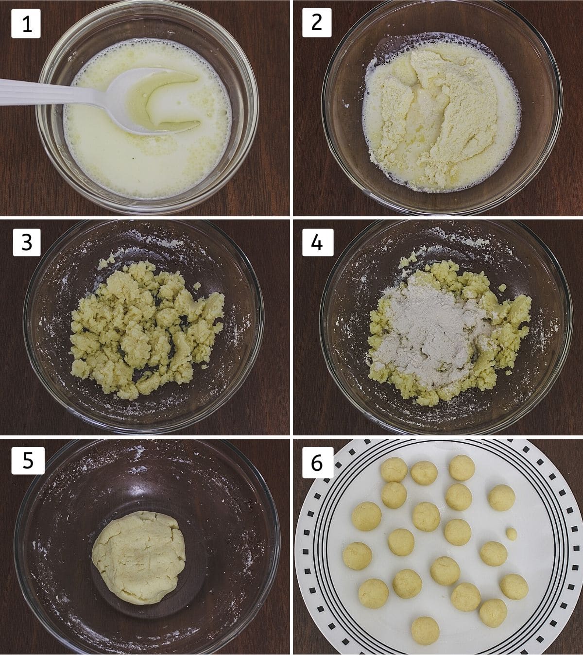Collage of 6 steps showing milk-ghee in a bowl, added to milk powder, mixed, added flour, dough ball, 20 smooth balls.
