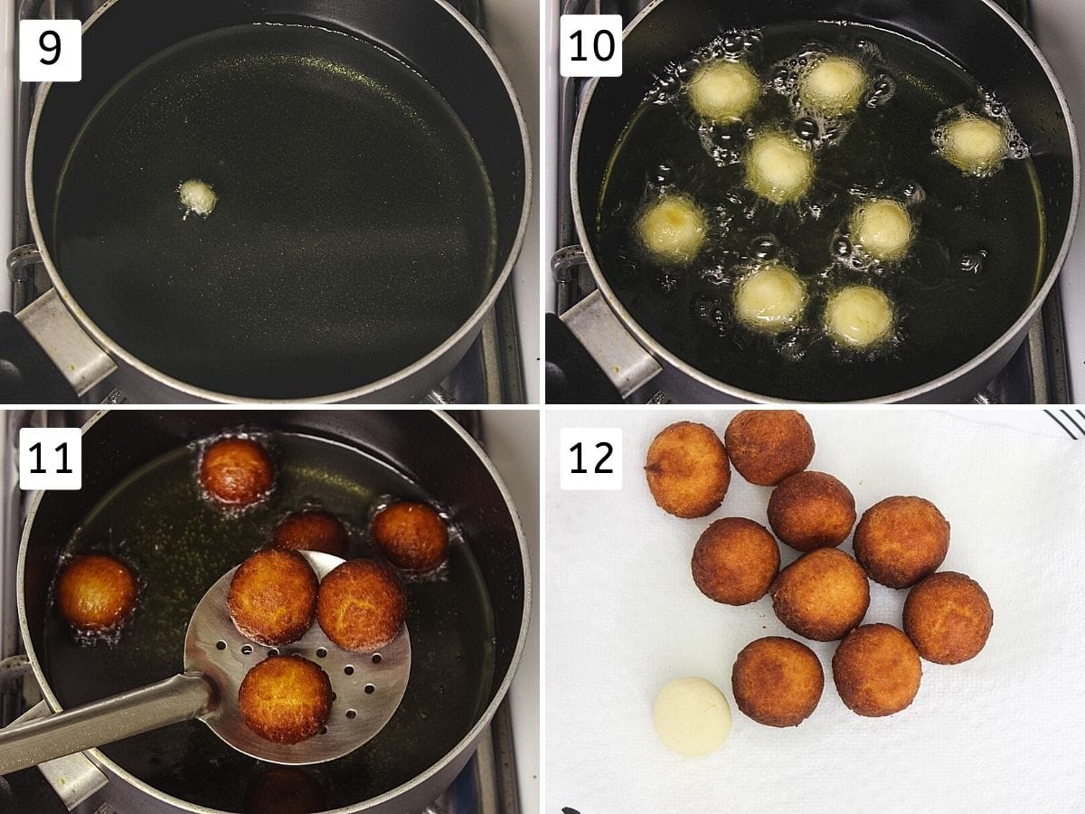 collage of 4 steps showing checking oil temp, frying balls, ready balls removing using spatula, fried balls on a plate