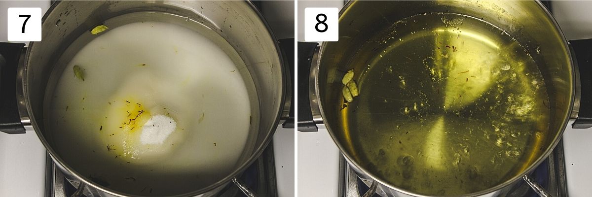 collage of 2 steps showing syrup ingredients in a pan and ready sugar syrup.