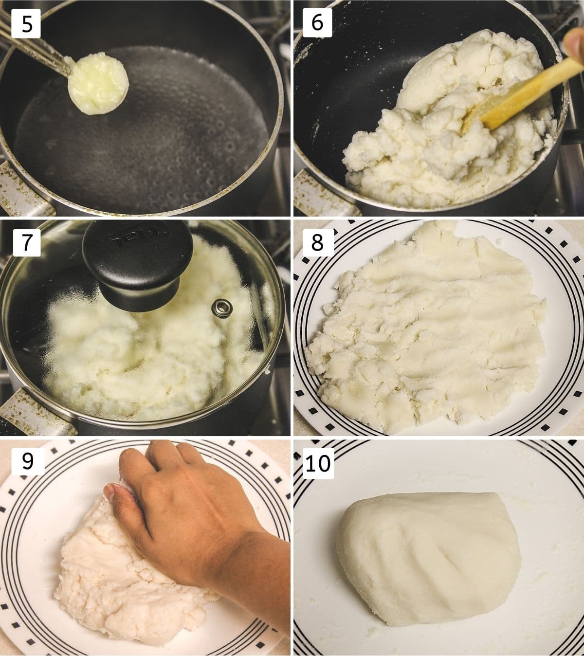 collage of 6 steps of making dough. Shows adding ghee to water, mixing rice flour, cooking, kneading and smooth ball