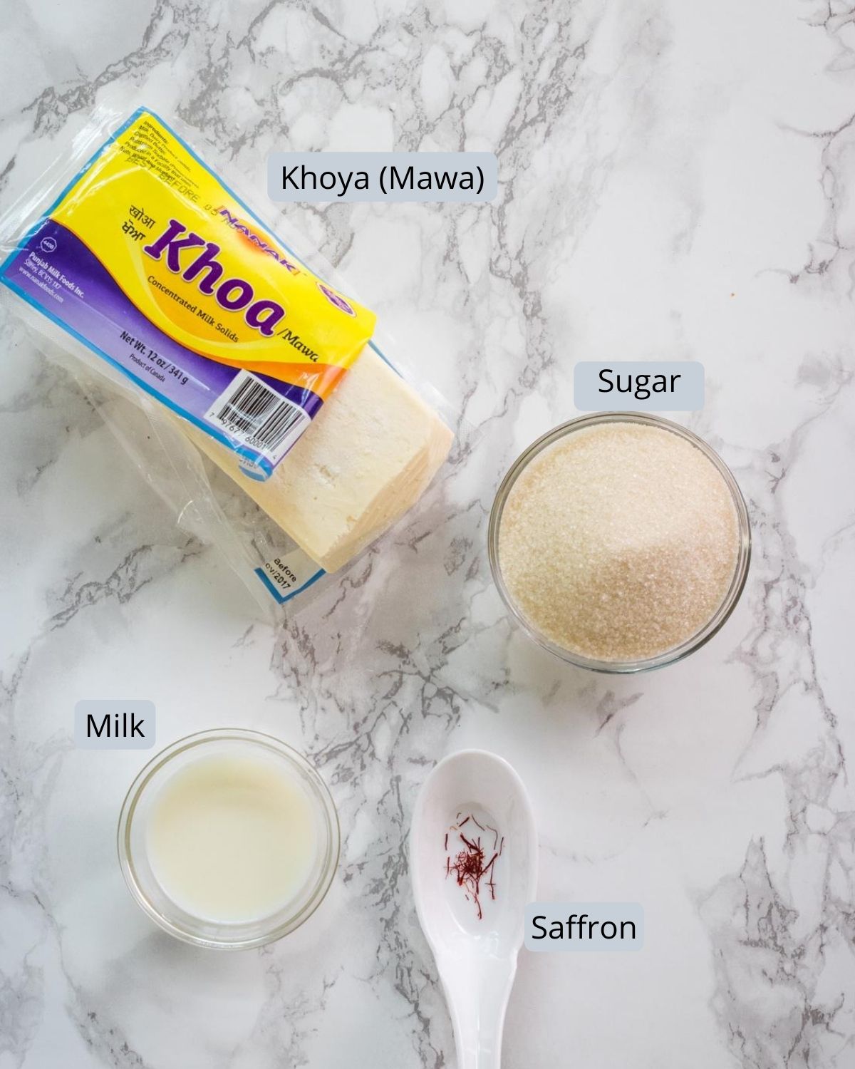 image of ingredients used in modak peda. Shows khoya, sugar, milk, saffron