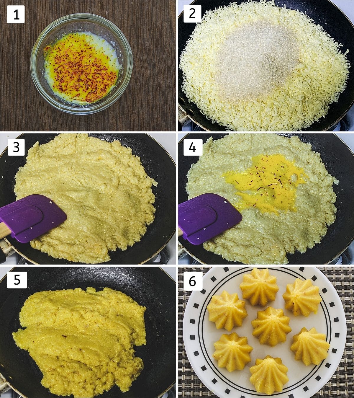Collage of 6 steps. Showing saffron-milk, cooking khoya, sugar mixture and shaping modak