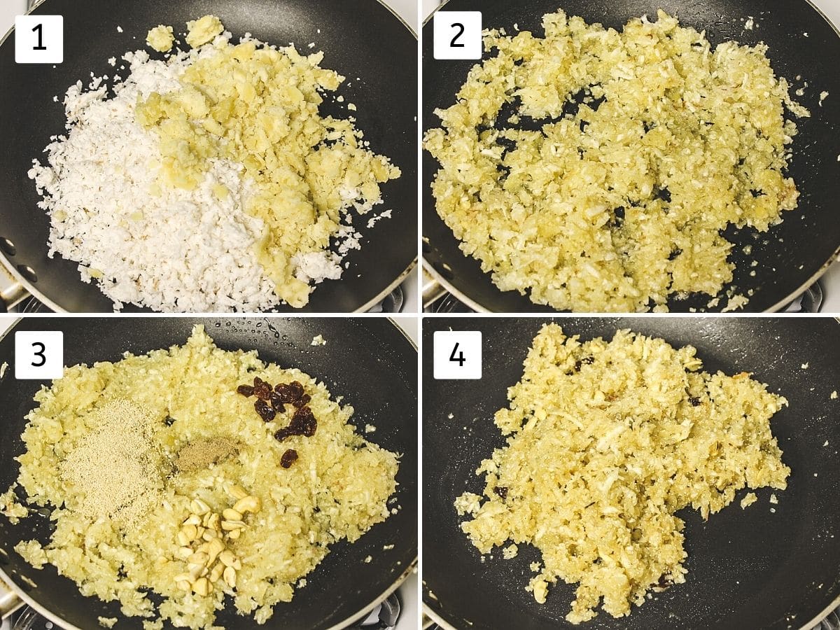 Collage of making stuffing shows cooking coconut, jaggery and adding flavoring, nuts and poppy seeds