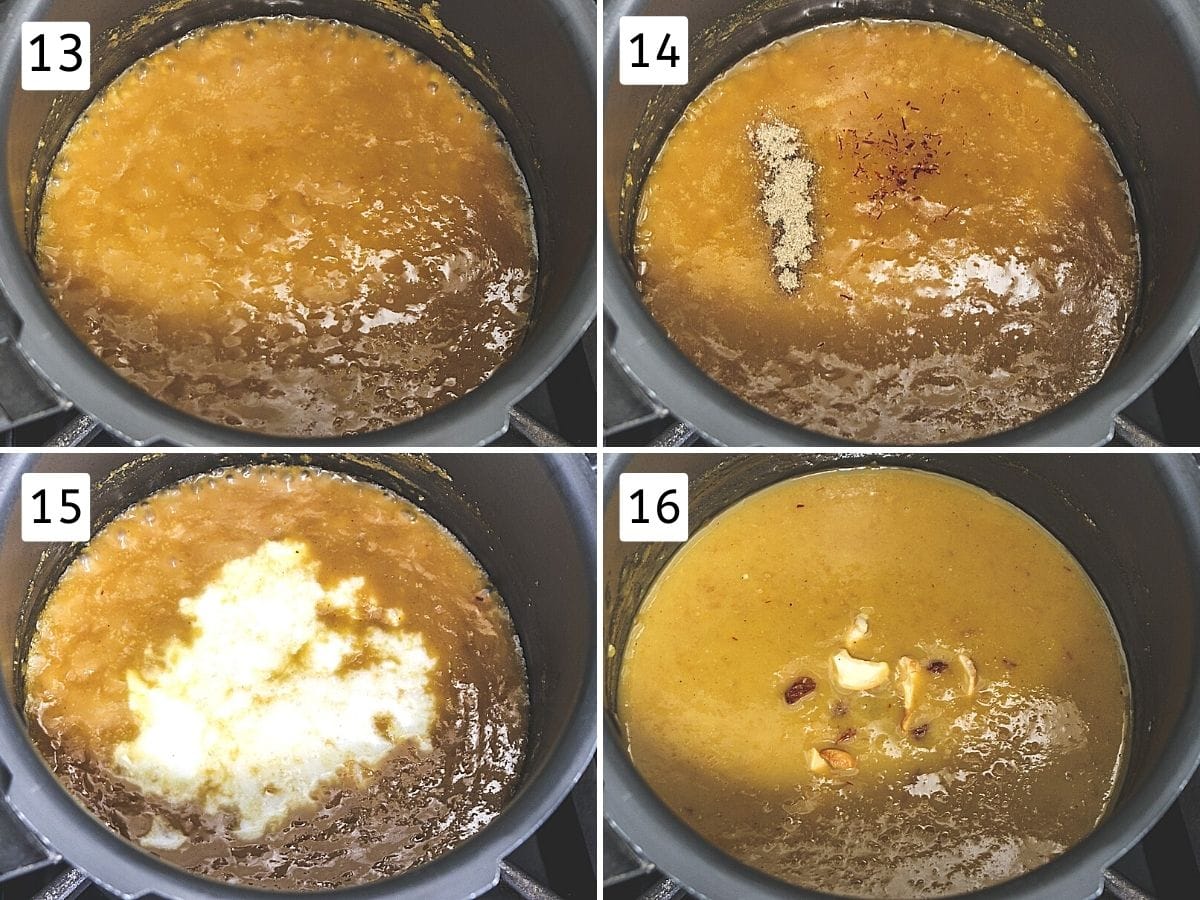 Collage of 4 images showing simmering payasam, added cardamom, saffron, coconut milk, garnished with fried nuts, raisins