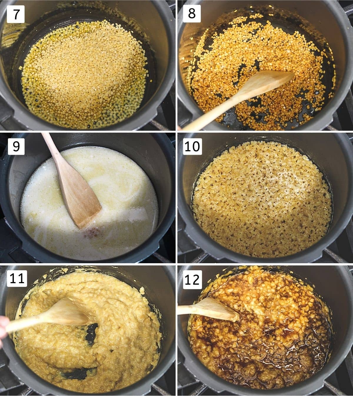 Collage of 6 images showing moong dal in ghee, roasted dal, added coconut milk, cooked dal, mashed dal, added jaggery