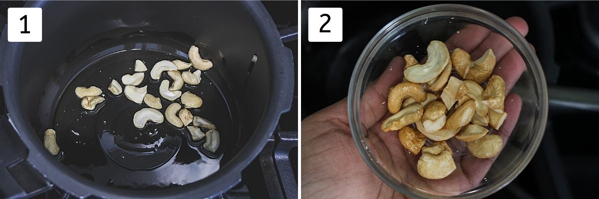 Collage of 2 images showing frying cashews in ghee and fried cashews in a bowl