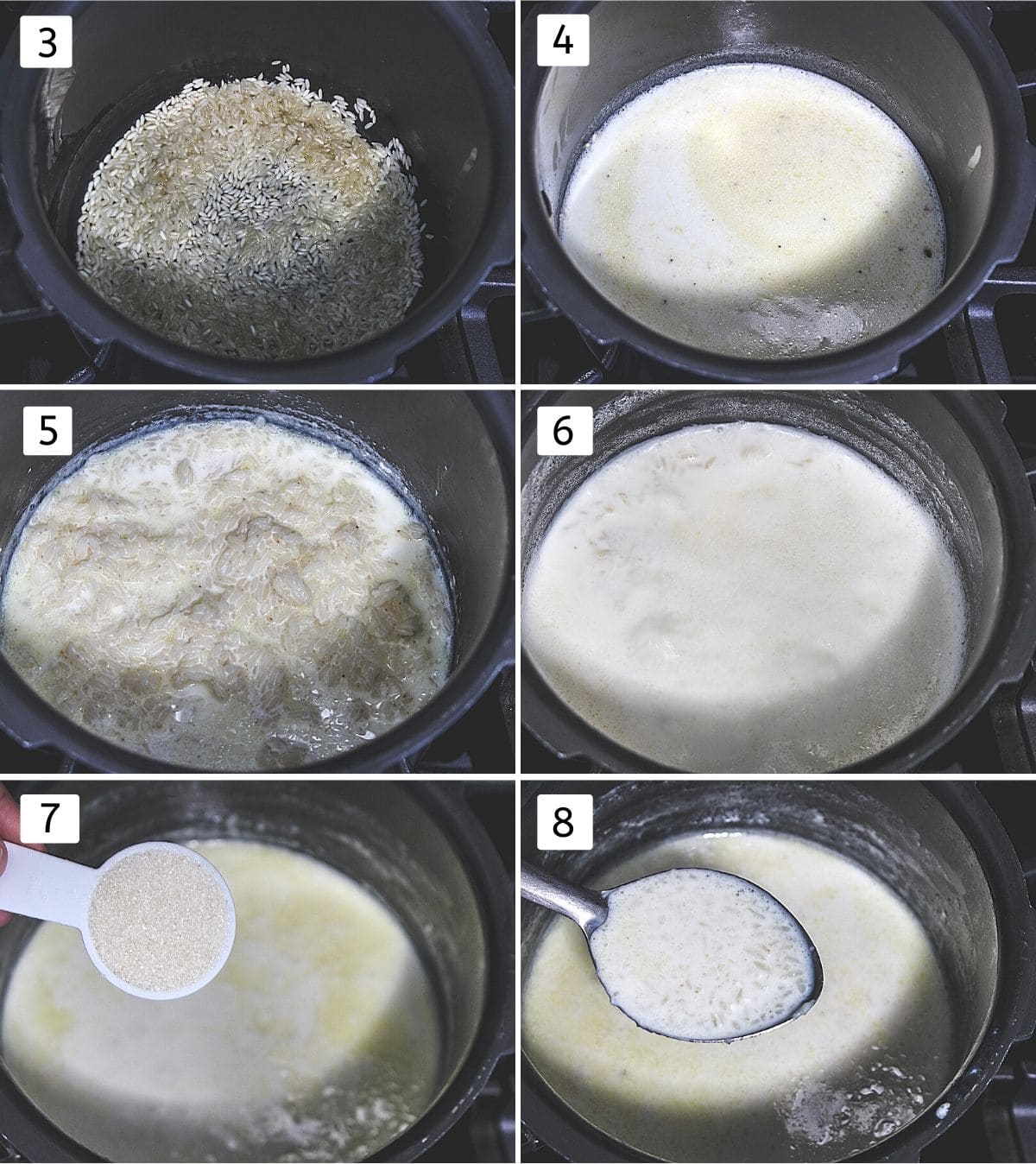 Collage of 6 images showing roasting rice, adding milk, cooked rice, added more milk, sugar, ladleful of payasam