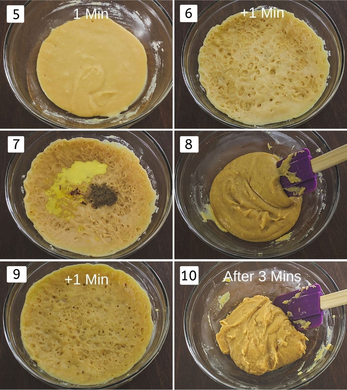 Collage of 6 steps showing peda mixture cooked for 1 min, another 1 min, added saffron-milk, cardamom, mixed, cooked for another 1 min, ready mixture