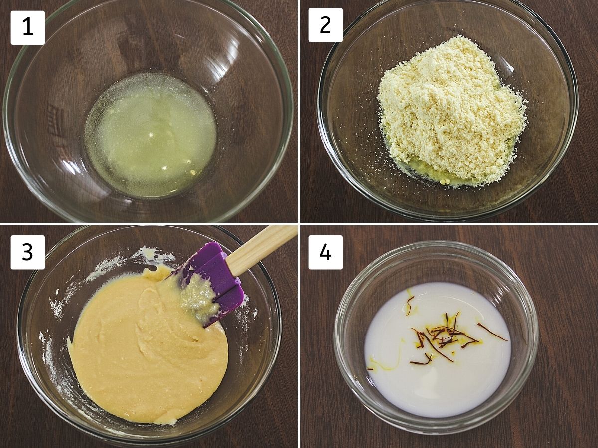 collage of 4 steps showing melted butter, added milk powder, added condensed milk and saffron-milk mixture in a bowl