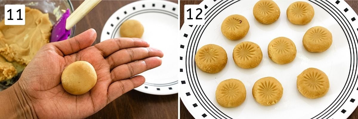 collage of 2 steps showing shaping peda in plam and shaped peda in the plate