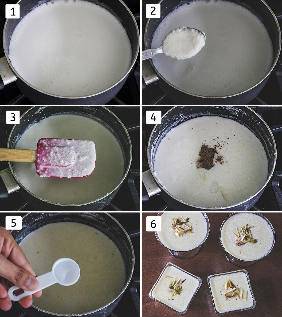 Collage of 6 steps showing simmering milk, adding ground rice, thickened milk, adding sugar, cardamom, adding rose water and serving