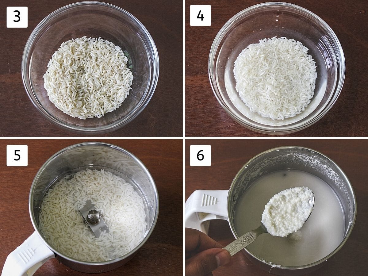 Collage of 4 steps showing rice in a bowl, soaked rice in a bowl, soaked rice with water in a grinder, coarse paste