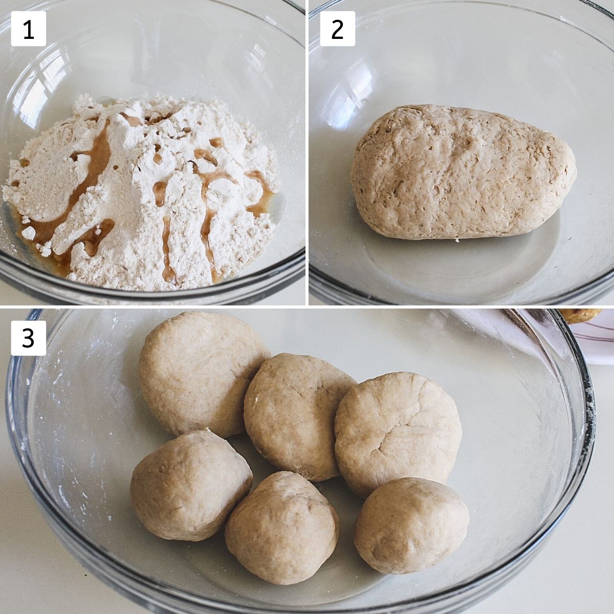 Collage of 3 images making dough. Shows flour, oil in a bowl, mixing and kneading the dough, making 6 dough balls