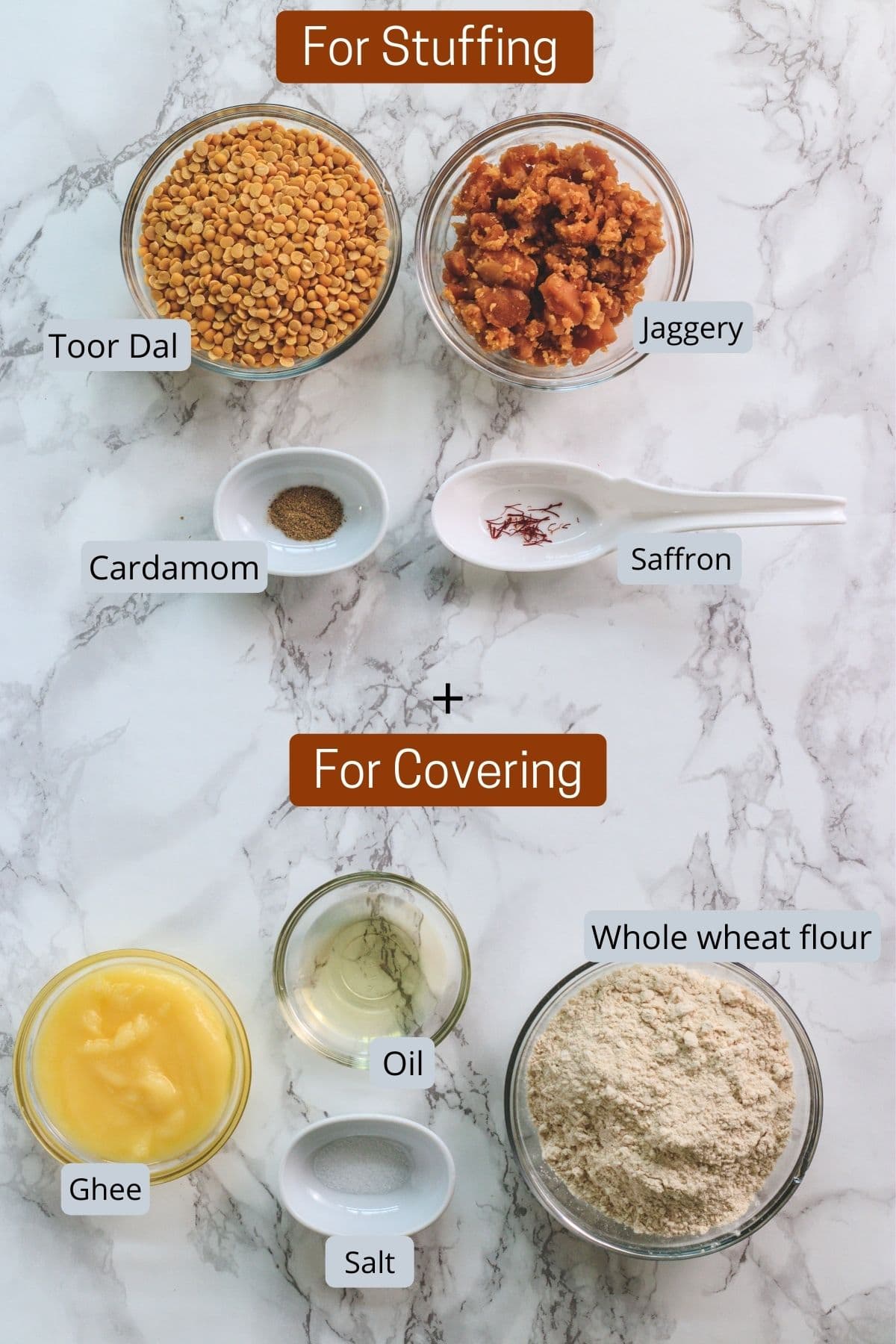 image of ingredients for puran poli. includes lentils, jaggery, saffron, cardamom, flour, salt, oil, ghee.