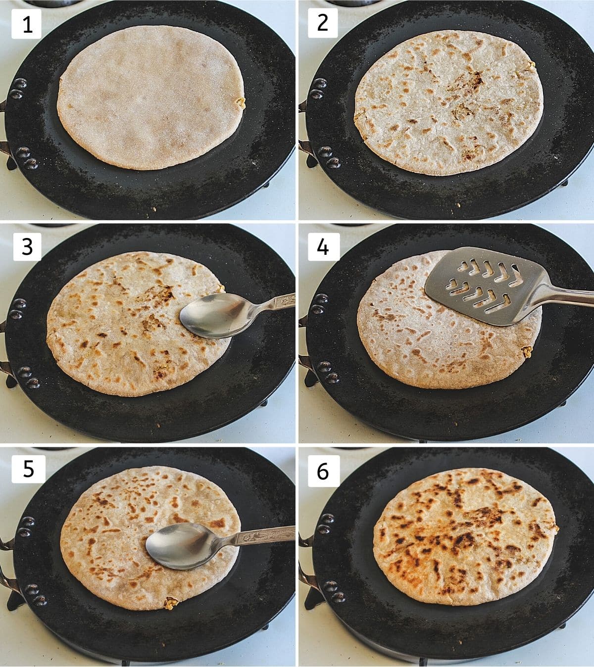 Collage of 6 images shows cooking puran poli steps on tawa with smear of ghee