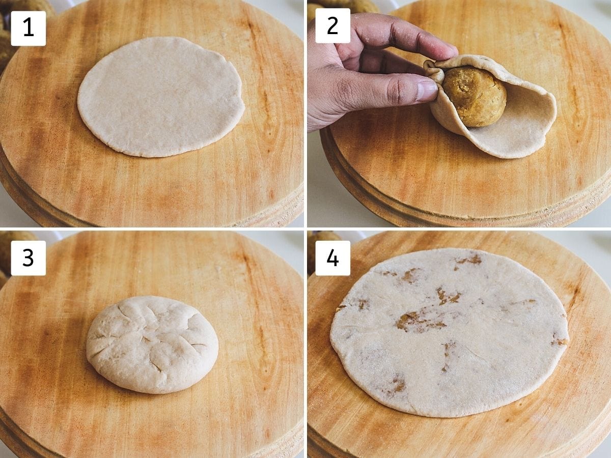 Collage of 4 images shows rolled dough ball, placing stuffing bowl, gathering, sealing edges and rolled poli.