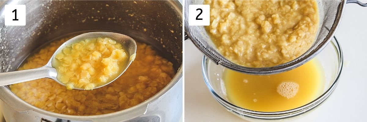 Collage of two images shows boiled dal and drain the boiled dal water.