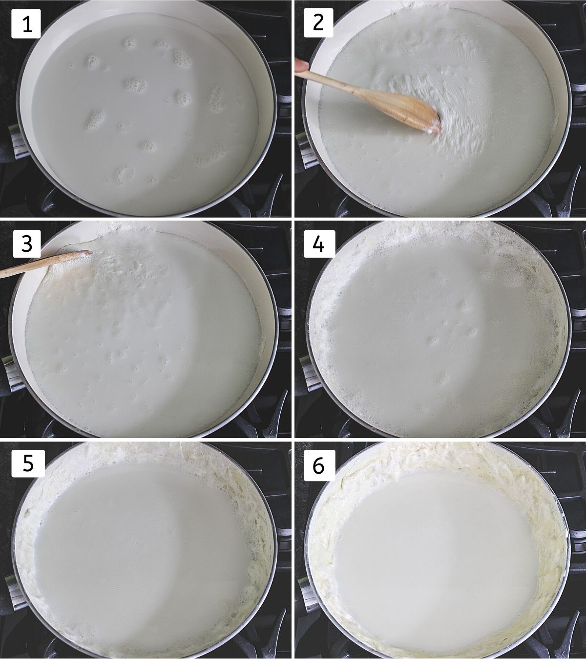 collage of 6 steps showing milk in a pan, collecting cream, sticking to the sides, repeat the same till it is ⅓ quantity