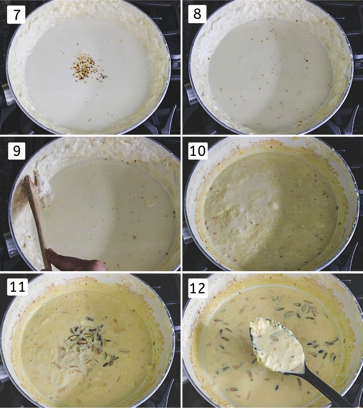 Collage of 6 steps showing adding sugar, saffron, simmering, scraping the sides, adding to the milk, adding nuts and spoonful of rabri