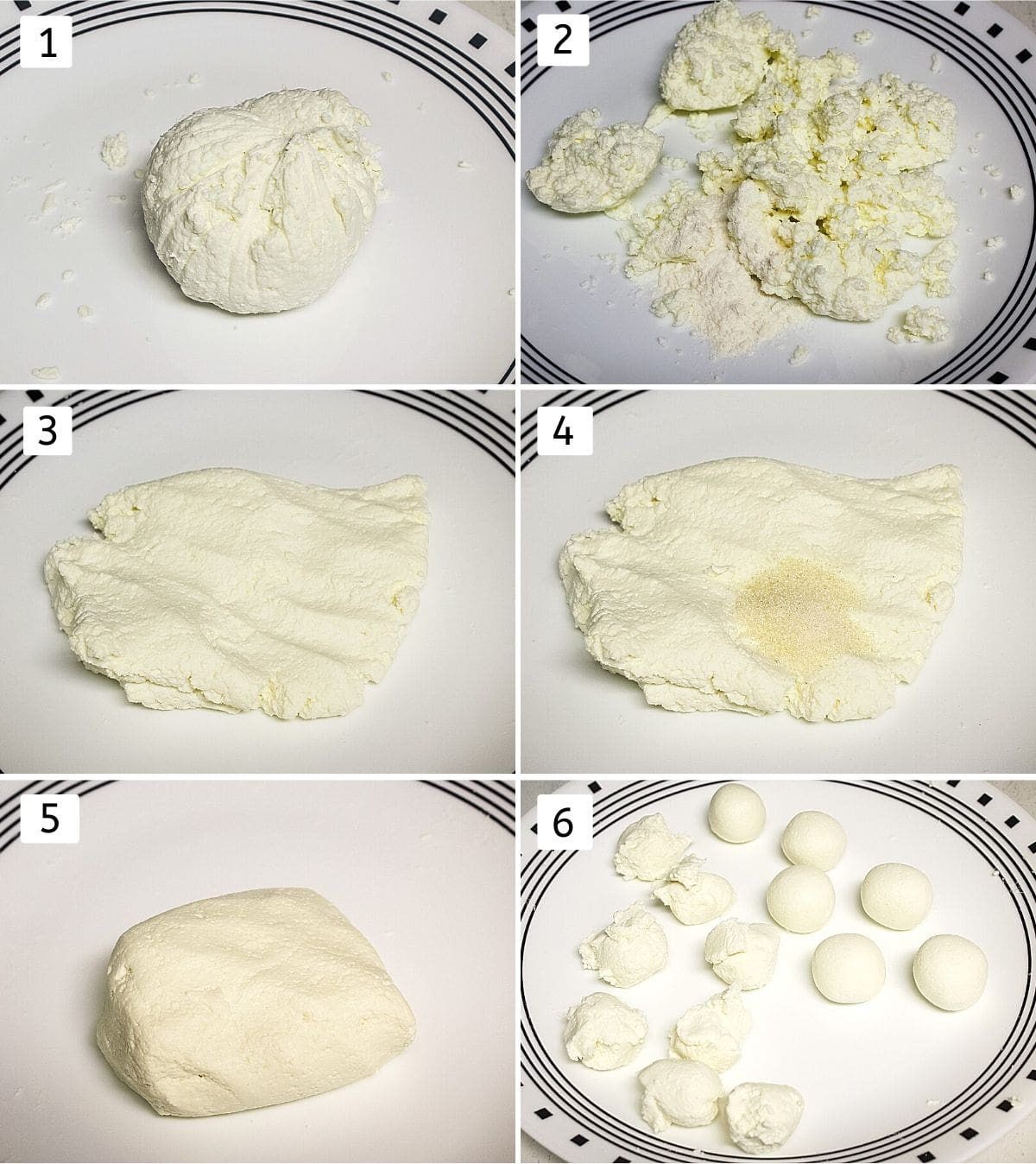 Collage of 6 images showing chenna ball, crumbled, kneaded chenna, adding sugar, dough ball and small balls
