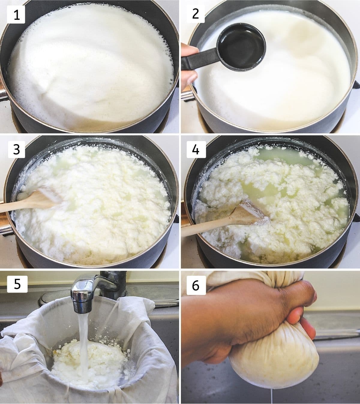 Collage of 6 images making chenna showing boiling milk, adding lemon juice, curdled milk, washing cheena, squeezing the water