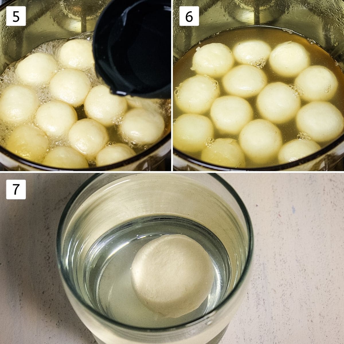 Collage of 3 images showing adding water to the pan, cooked rasgulla in a pan, one piece added into the glass of water
