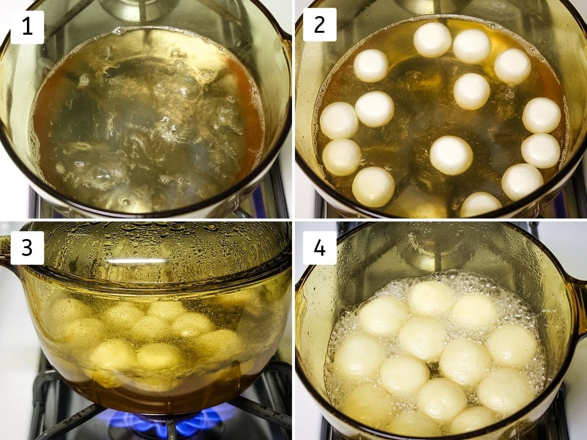 Collage of 4 images showing boiling sugar syrup, balls added in syrup, covered pan, cooked rasgulla