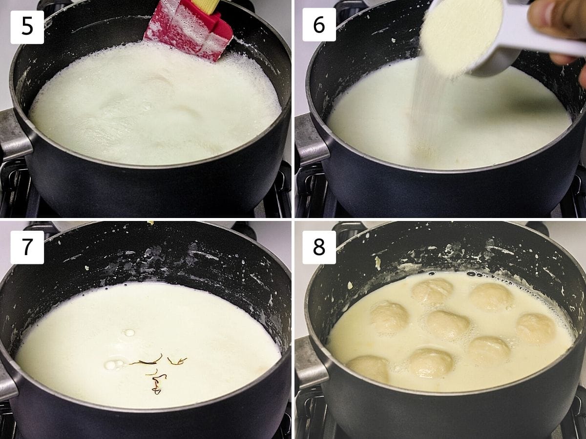 Collage of 4 images showing boiled milk, adding sugar, saffron, adding rasgulla.