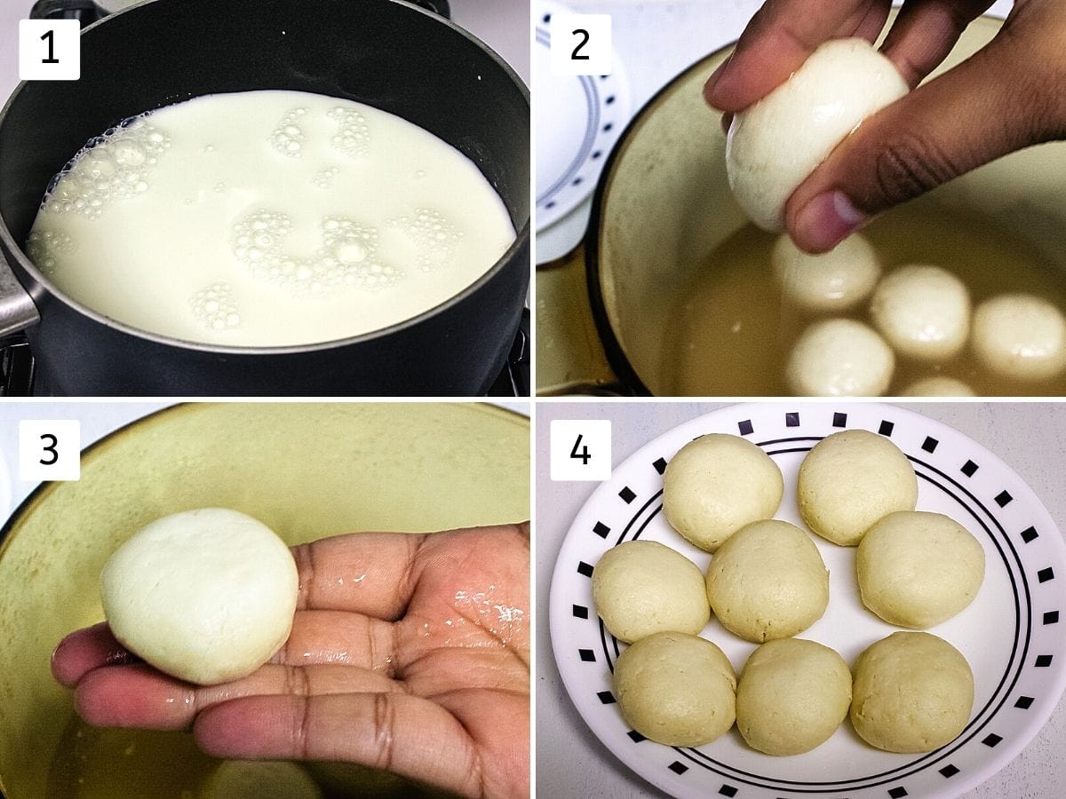 Collage of 4 images showing milk in a pan, squeezing rasgulla, squeezed one on a palm, 8 rasgullas in a plate