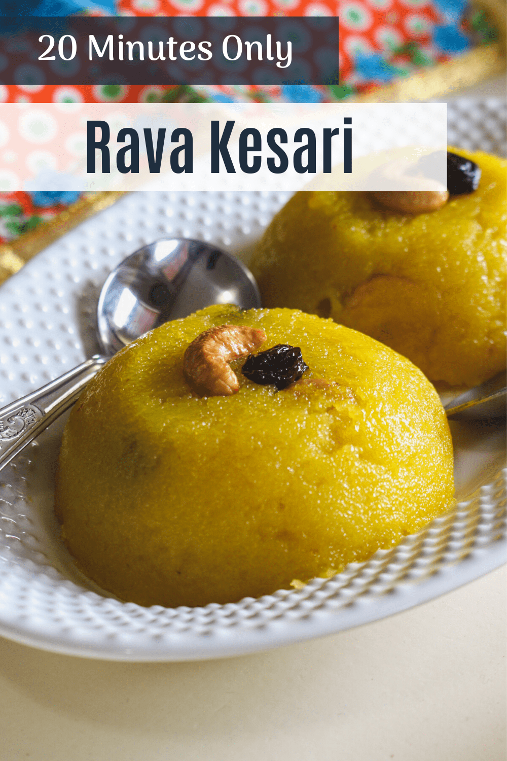 rava kesari with garnish of cashew and raisin with text on top of the image for pinterest