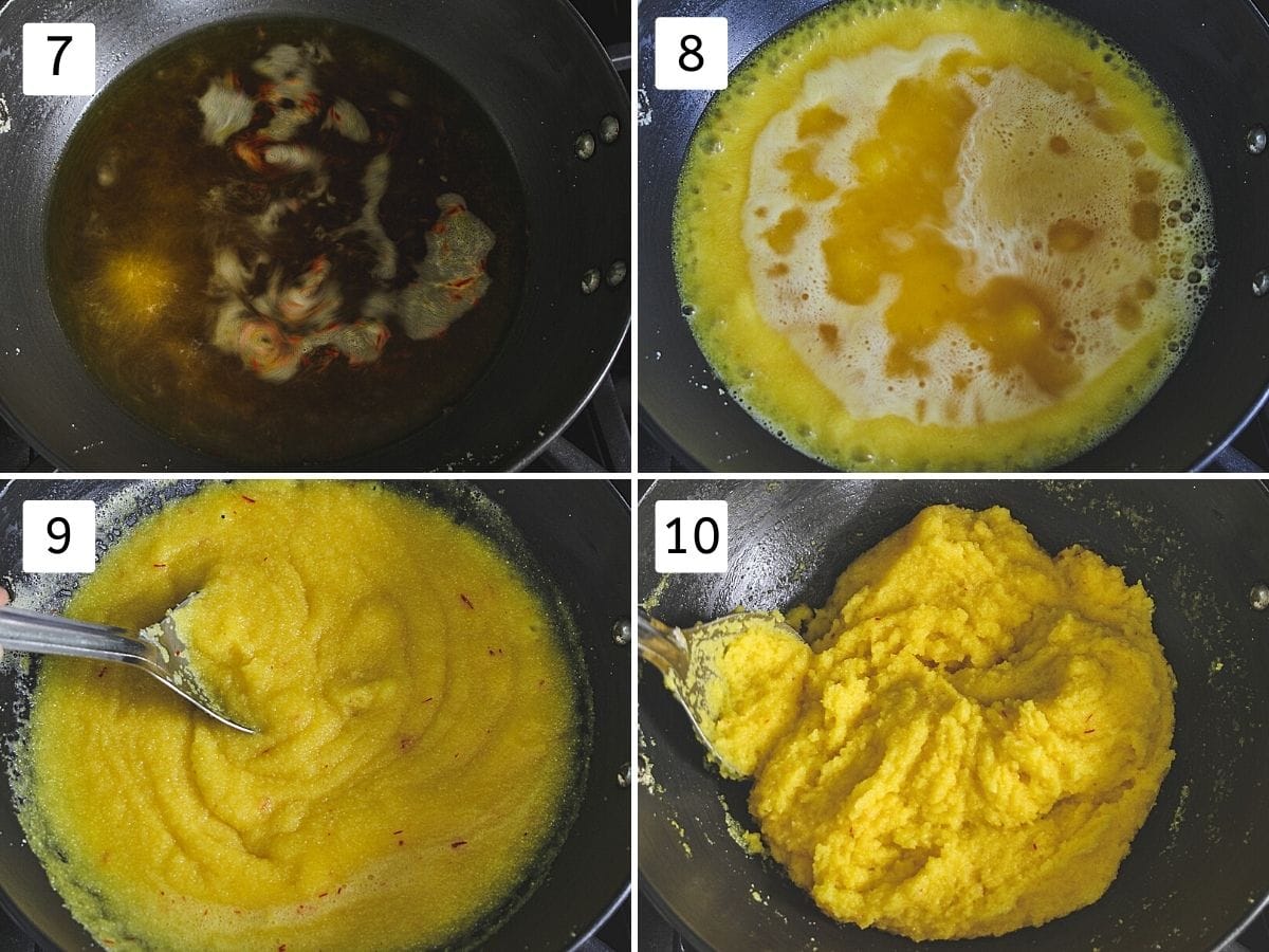 Collage of 4 images showing boiled saffron water, adding semolina to it, mixing and thickened mixture