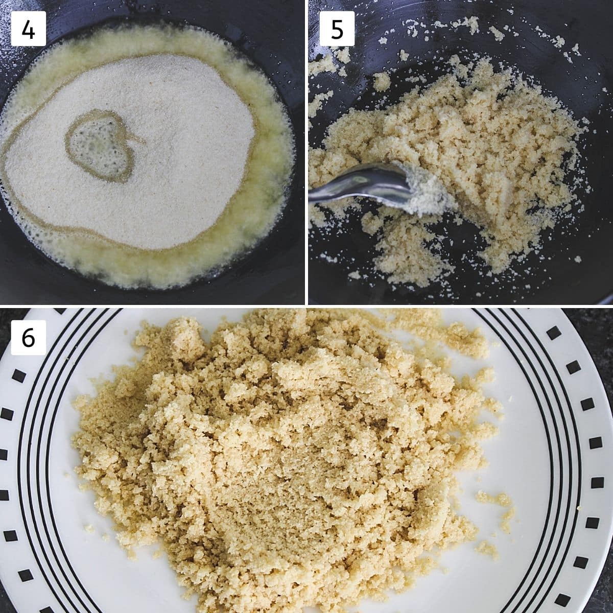 Collage of 3 images showing added semolina in ghee, roasting and ready rava in a plate