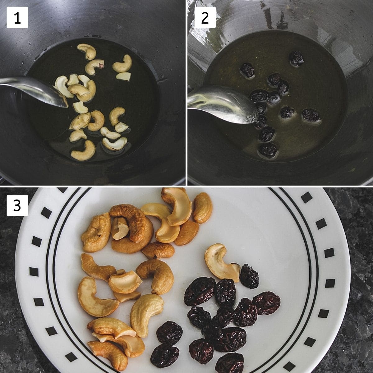 Collage of 3 images showing frying cashews, frying raisins and fried both in a plate