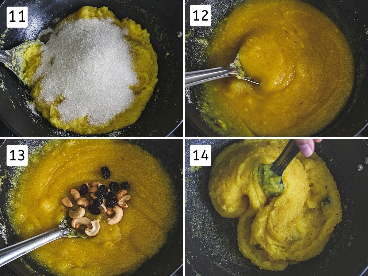 Collage of 4 steps showing added sugar, melted, added cashews, raisins, ready rava kesari