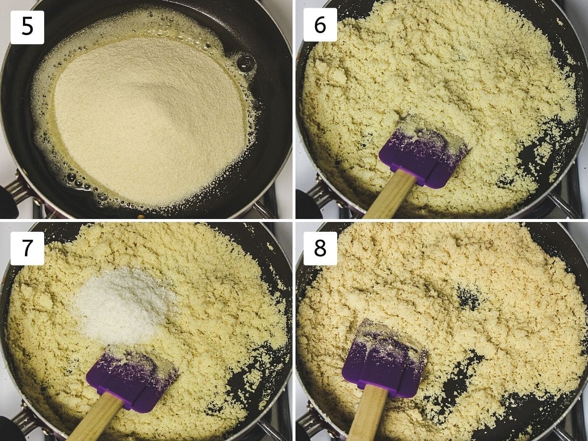 collage of 4 images showing semolina in ghee, roasting semolina, adding coconut and mixing