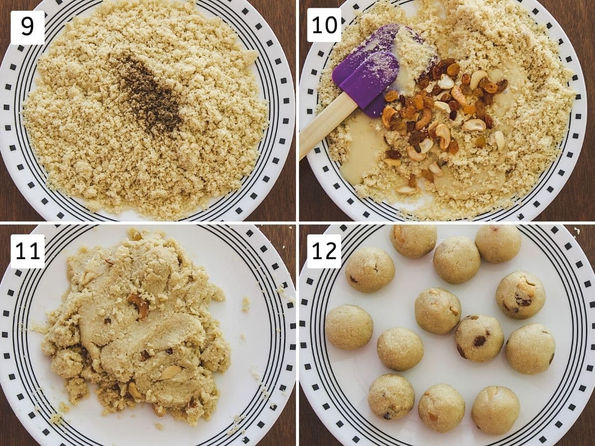 Collage of 4 images showing adding cardamom to roasted semolina, add condensed milk, nut, mixing and shaping ladoo