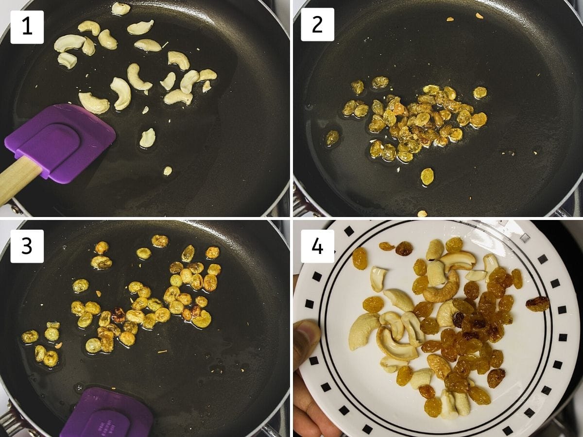 Collage of 4 images showing roasting cashews, roasting raisins, puffed up raisins, roasted cashews, raisins in a plate