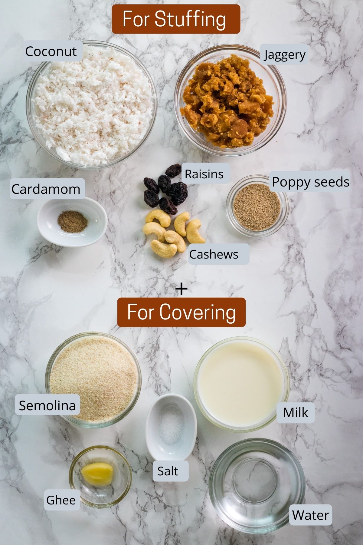 image of ingredients used in rava modak prepared in individual bowls.