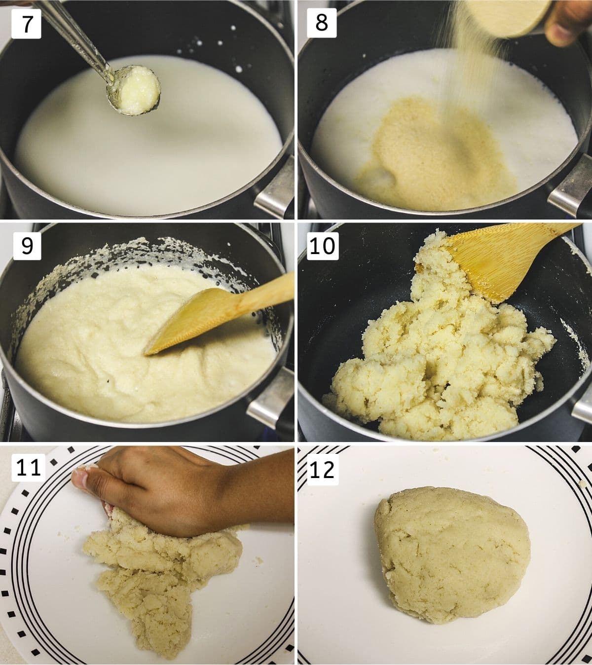 Collage of making outer dough. Shows boiling milk, adding semolina, mixing and kneading to a dough.