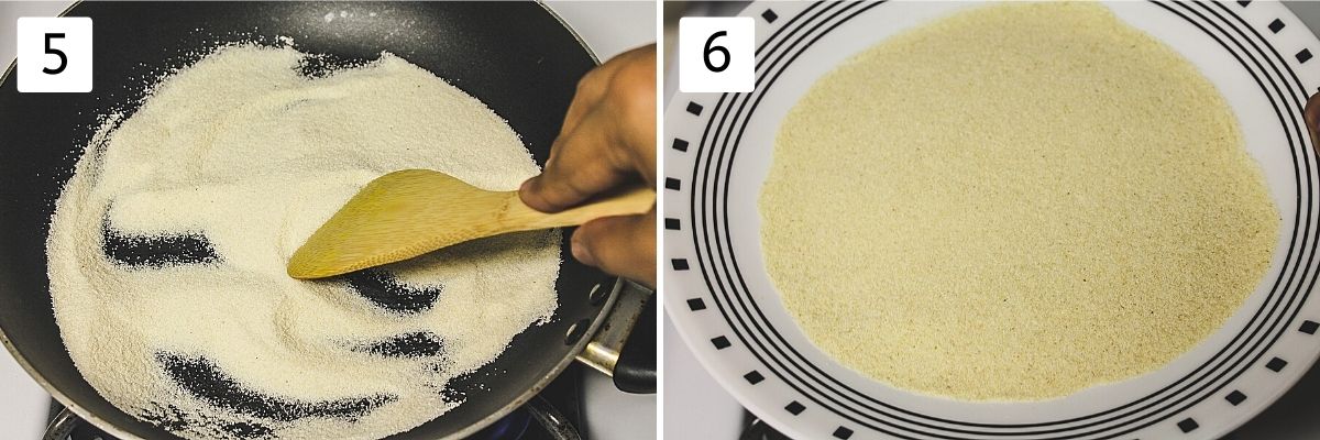 Collage of 2 steps of roasting semolina. Shows roasting sooji and removed in a plate.