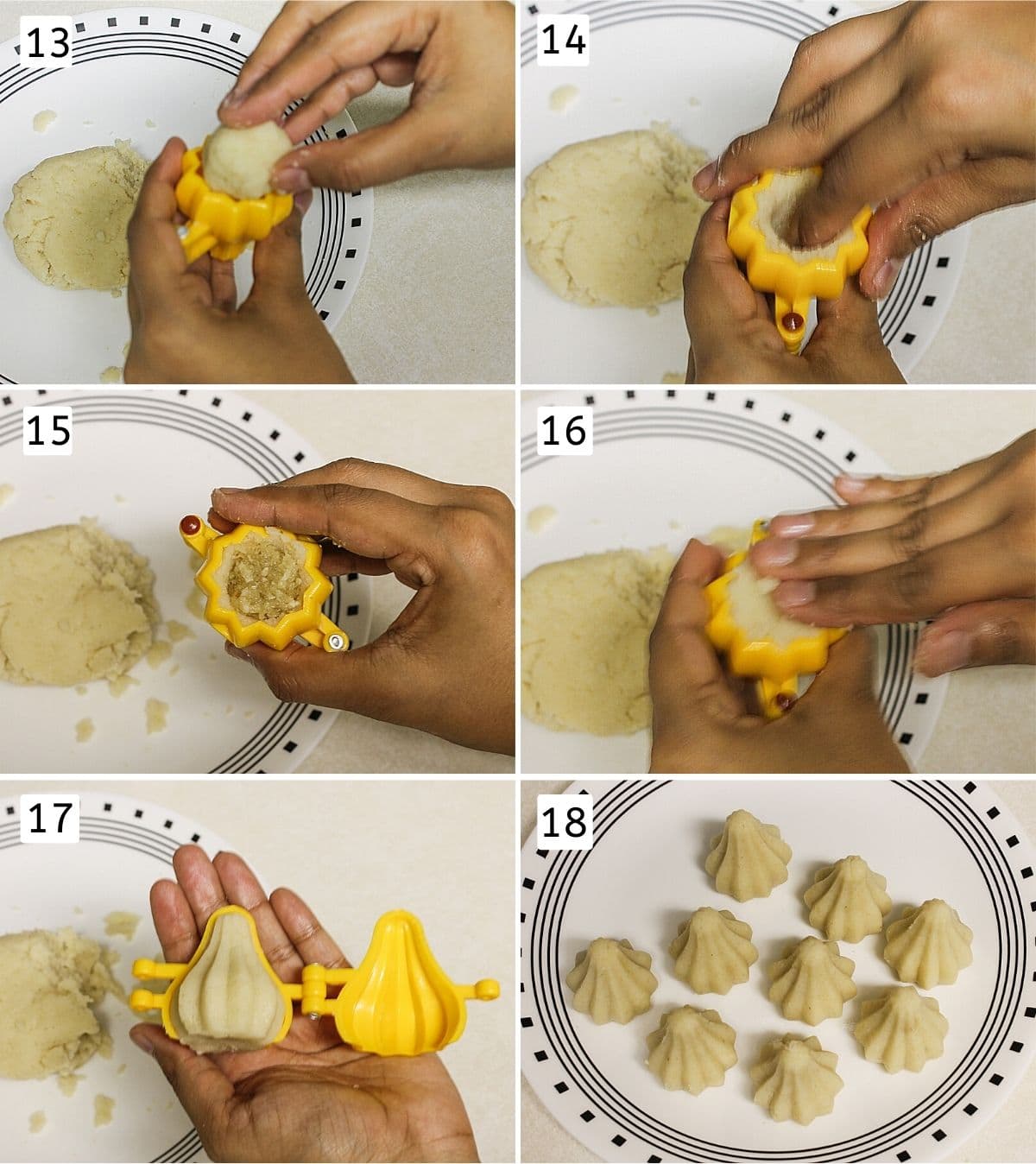 Collage of shaping rava modak shows adding dough ball, pressing stuffing, sealing and unmoulding