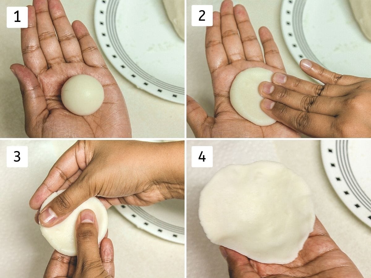 collage of 4 steps of shaping modak. shows dough ball on palm, pressing with fingers and round thin disc