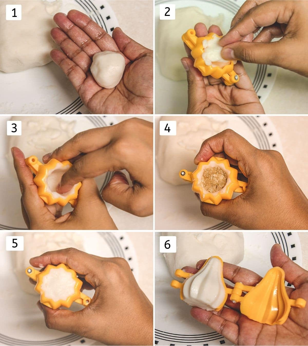 collage of 6 steps of shaping modak. shows dough ball, shaped into mould, stuffed, sealed and unmould.