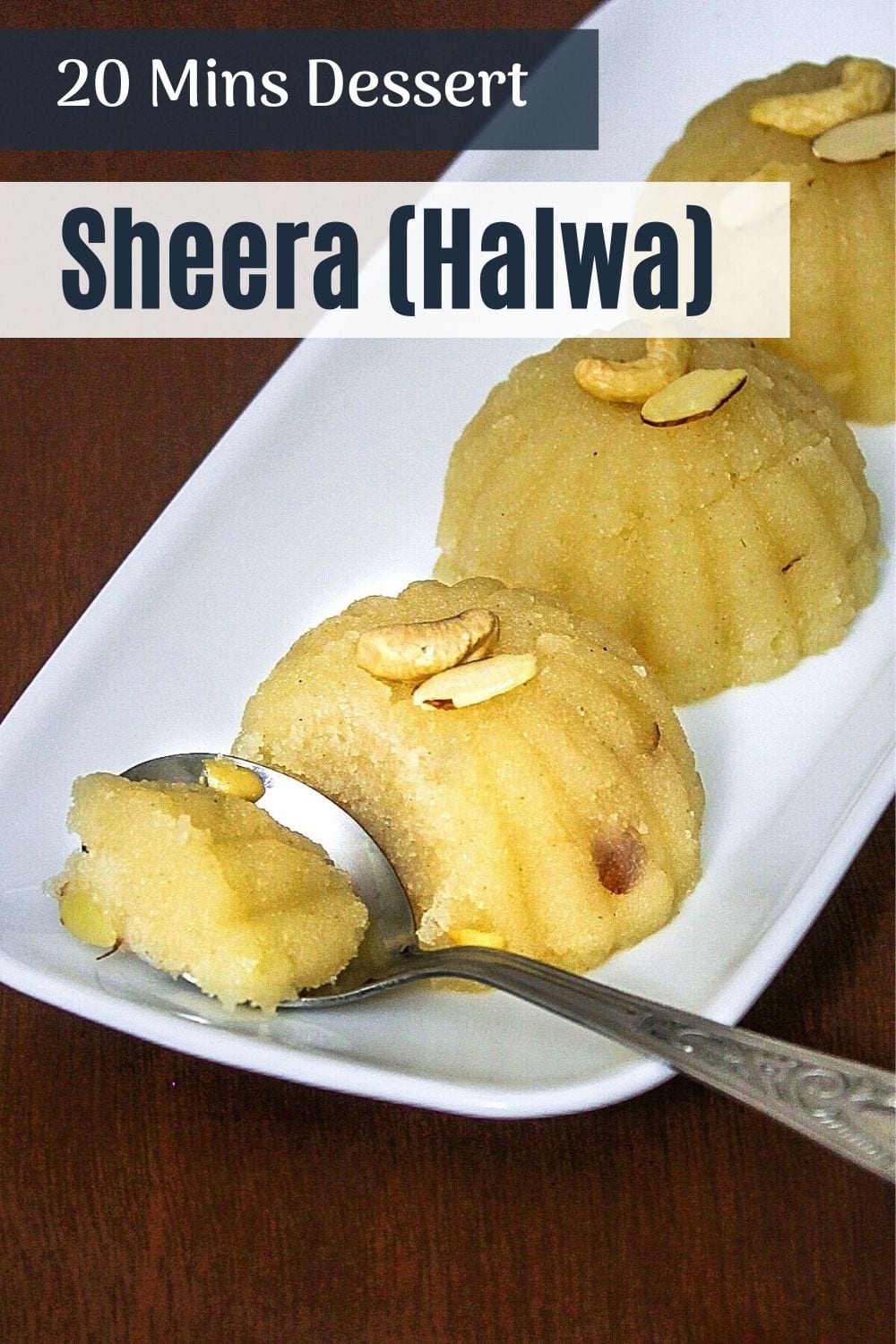 Rava sheera taken a spoonful ready to eat with text on top of the image