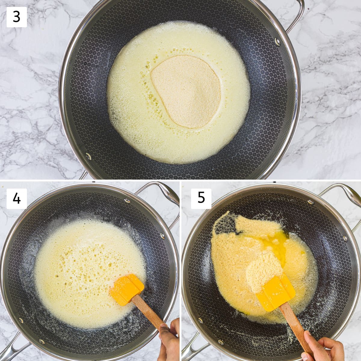 Collage of 3 images showing adding semolina to ghee and roasting.