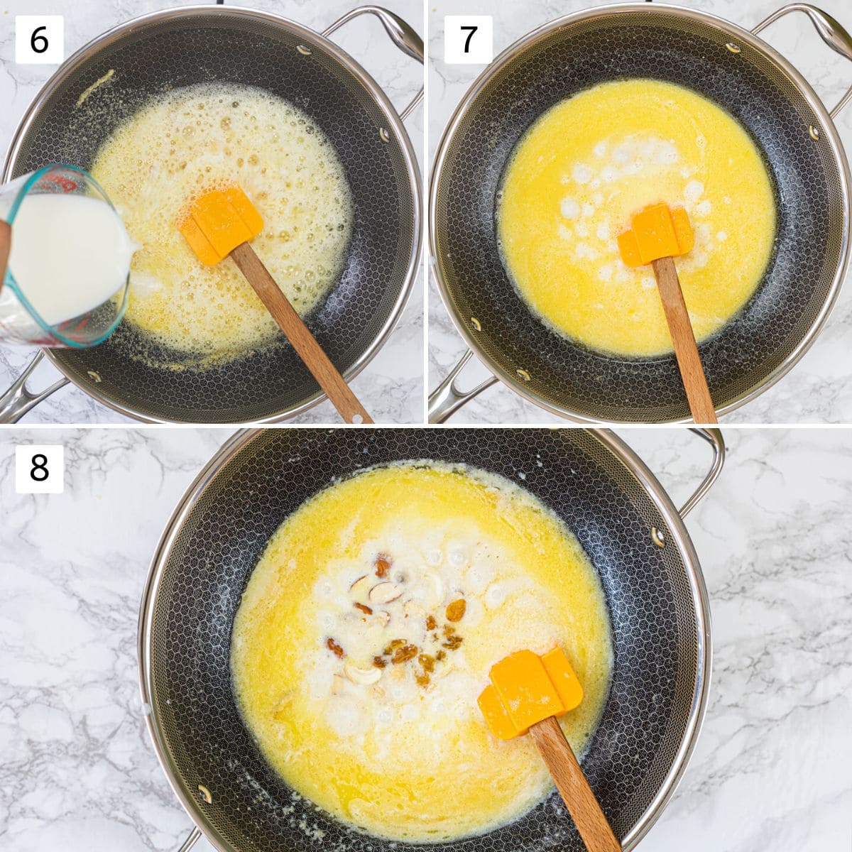 Collage of 3 images showing adding and mixing milk into roasted semolina.