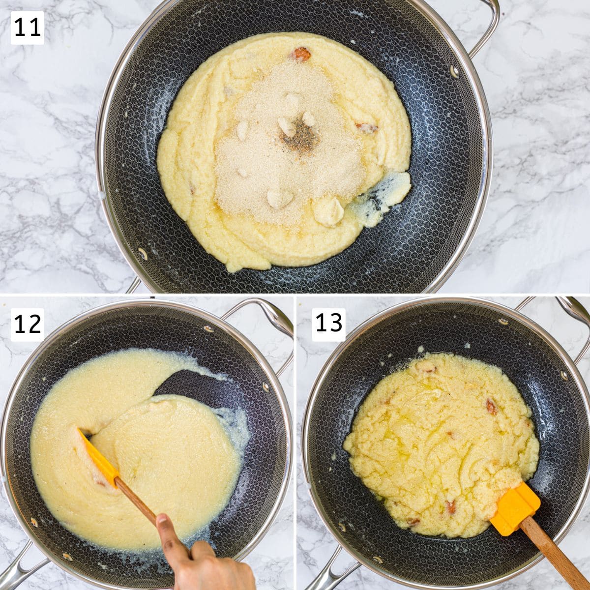 Collage of 3 images showing adding sugar, cardamom, mixing and cooking.